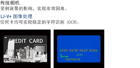 傳統(tǒng)相機 - 受到背景的影響，實現(xiàn)非常困難。 / LJ-V+ 圖像處理 - 任何卡均可實現(xiàn)穩(wěn)定的字符識別（OCR）。
